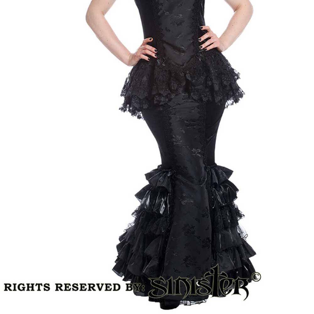 Sinister Sinister Lange rok 918 Zwart | Attitude Holland Morticia victoriaans gothic jas in zwart kant met zilver